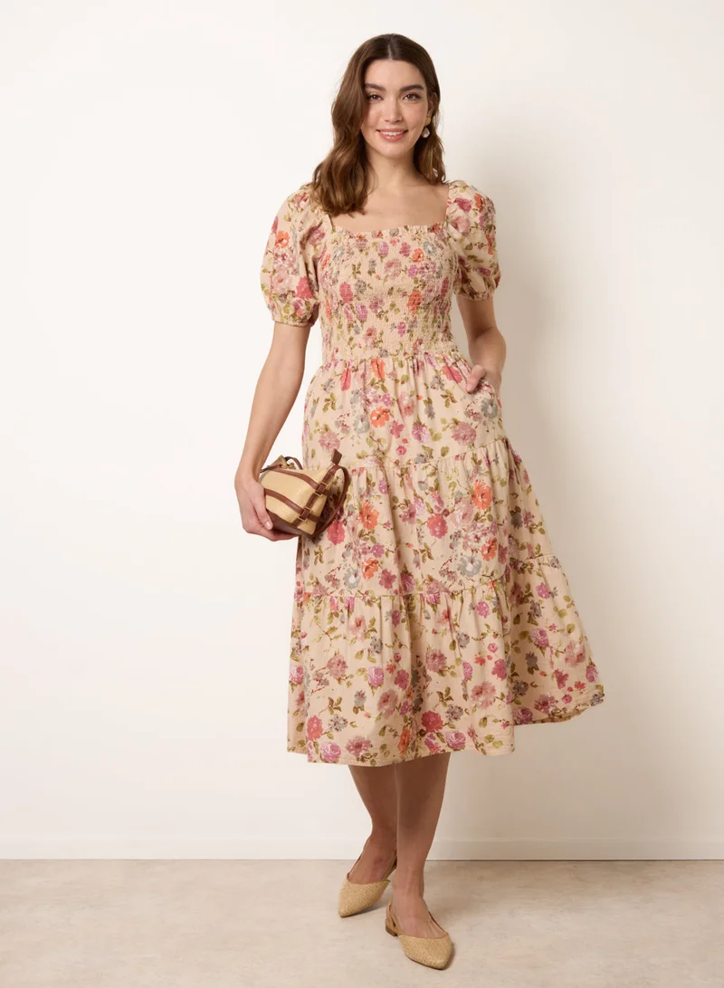 بلو فانيلا Milkmaid Floral Puff Sleeve Shirred Midi Dress
